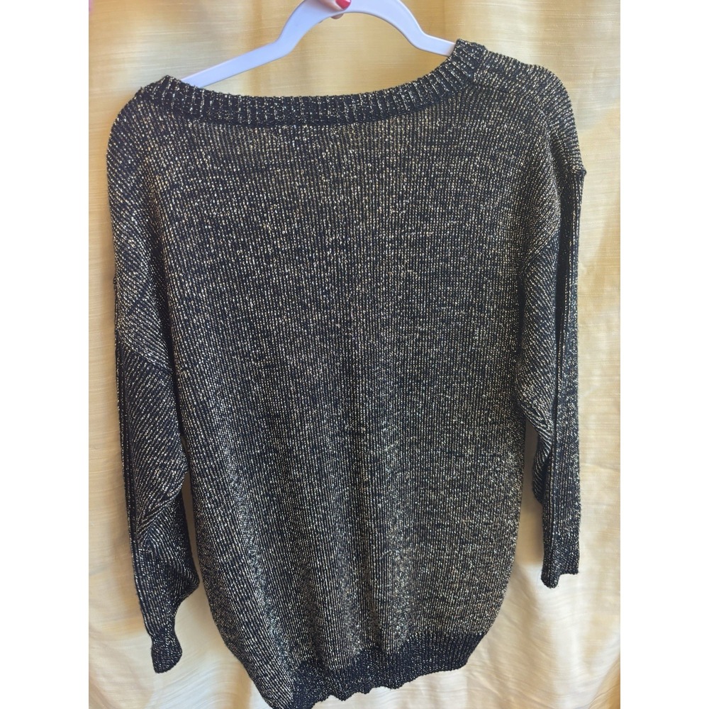 Jamie Scott‎ Vintage Black Gold Metallic Shimmer V-Neck Knit Sweater Small